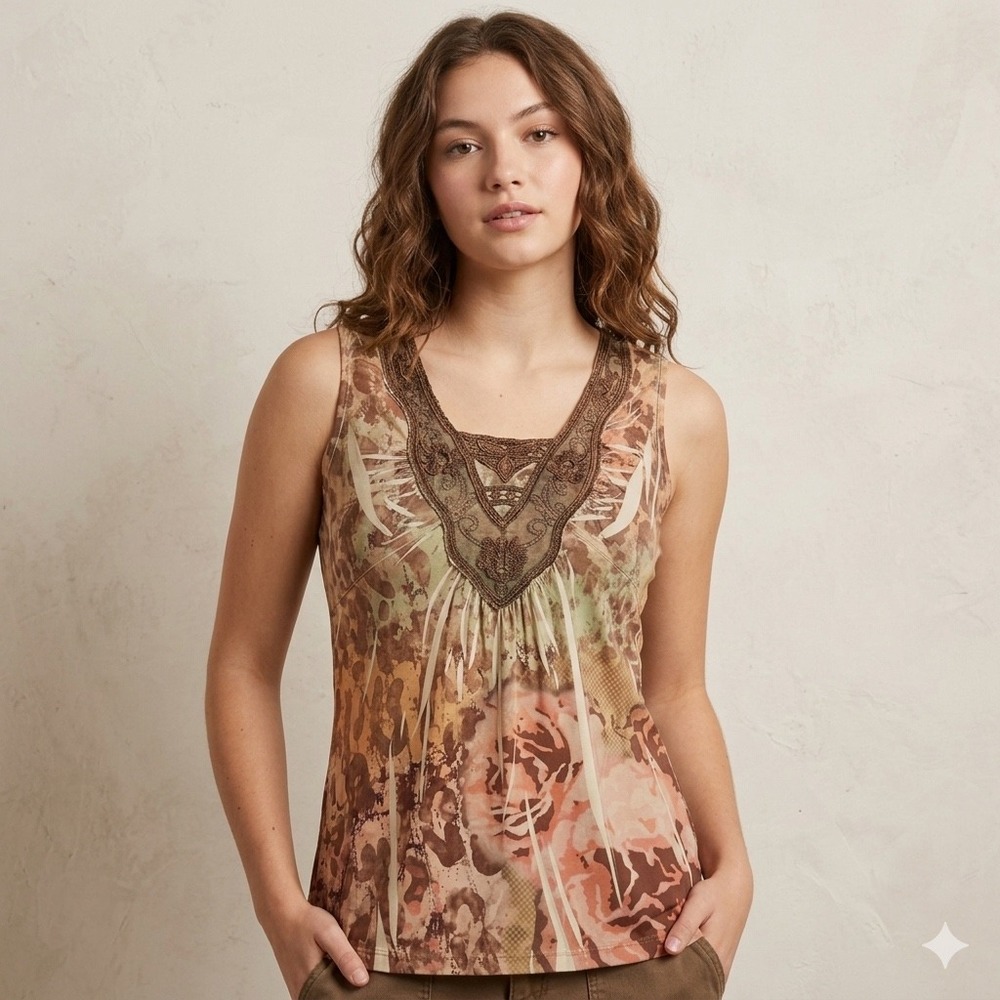 Y2K Unity World Wear Tank Top Med Embellished V-Neck Boho Earthy Floral Mesh